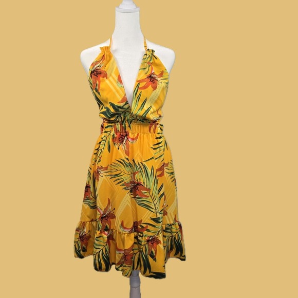 Yellow Floral Halter Dress Tropical Print Open Back Ruffle Bottom - Picture 1 of 9